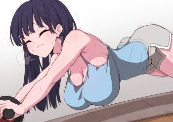 1girl ab_roller absurdres ass bare_arms bare_shoulders black_hair blue_camisole boku_no_kokoro_no_yabai_yatsu breasts camisole cleavage closed_eyes closed_mouth commentary dolphin_shorts exercising grey_shorts hanging_breasts highres large_breasts long_hair mekato shorts solo sweat trembling wavy_mouth yamada_anna