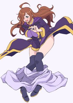 1girl ahoge bat_ornament black_shoes black_thighhighs blouse blush brown_eyes brown_hair clothes_pull commentary frown full_body highres hooded_shirt kono_subarashii_sekai_ni_shukufuku_wo! leaning_forward long_hair long_shirt long_skirt long_sleeves open_mouth panties pantyshot purple_shirt purple_skirt ryoumoto_hatsumi shirt shirt_tug shoes skirt skirt_pull solo standing sweatdrop thighhighs underwear white_panties wind wind_lift wiz_(konosuba)