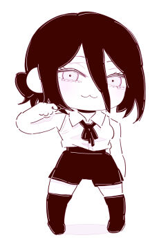 1girl :3 chainsaw_man chibi chibi_only choker closed_mouth collared_shirt deer60868637 grenade_pin greyscale hair_between_eyes looking_at_viewer monochrome reze_(chainsaw_man) shirt shorts sleeveless sleeveless_shirt solo thighhighs