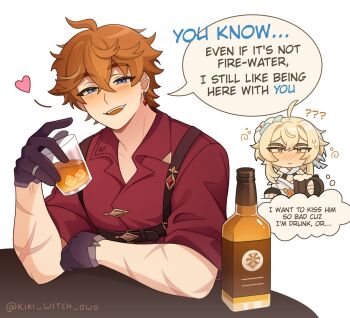 1boy 1girl ahoge alcohol blonde_hair blue_eyes blush breasts commentary dress english_text genshin_impact hashtag-only_commentary hetero highres kiki_witch lumine_(genshin_impact) medium_hair open_mouth orange_hair red_shirt shirt short_hair speech_bubble symbol-only_commentary tartaglia_(genshin_impact) thought_bubble white_dress yellow_eyes