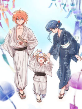 1girl 2boys absurdres blue_eyes blue_hair blue_kimono blurry blurry_foreground blush_stickers child commentary_request cross_scar facial_scar family father_and_son fish floral_print floral_print_kimono full_body geta goldfish goldfish_scooping highres himura_kenji himura_kenshin japanese_clothes kamiya_kaoru kimono looking_at_another mother_and_son multiple_boys open_mouth orange_hair oyu_kuda_sai parted_lips ponytail print_kimono rurouni_kenshin sandals scar scar_on_cheek scar_on_face short_hair sidelocks smile striped_clothes striped_kimono zouri