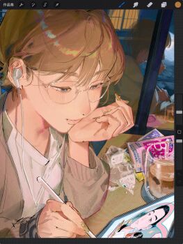 1girl amo_(amo_0514) art_program_in_frame blue_eyes blush brown_cardigan brown_hair brown_nails cardigan chinese_commentary closed_mouth coaster commentary_request cup desk drawing_(action) drink drinking_glass earbuds earphones elbow_rest fingernails food_wrapper glasses hair_behind_ear hand_up head_on_hand highres holding holding_stylus indoors ipad karaoke_iko! long_fingernails long_sleeves looking_down nail_polish narita_kyouji oka_satomi original procreate_(software) reflection shirt short_hair sitting solo stylus tablet_pc upper_body user_interface white_shirt window
