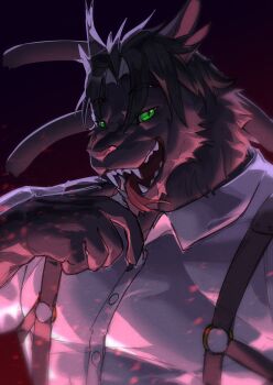 1boy 47fuse absurdres animal_ears astraline bara black_hair cat_boy cat_ears cat_tail claws commentary english_commentary extra_ears extra_eyes extra_tails fangs furry furry_male heterochromia highres looking_at_viewer male_focus muscular muscular_male nick_nocturne open_mouth shirt tail upper_body white_shirt