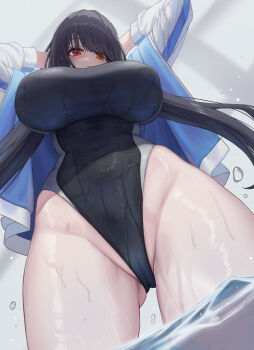 1girl alternate_breast_size_(larger) arms_behind_head arms_up black_hair black_one-piece_swimsuit blue_jacket blush breasts commentary_request date_a_live from_below groin highleg highleg_one-piece_swimsuit highres huge_breasts jacket long_hair long_long_life long_sleeves looking_at_viewer low_twintails multicolored_jacket one-piece_swimsuit open_clothes open_jacket red_eyes solo swimsuit tokisaki_kurumi twintails two-tone_jacket water wet wet_clothes wet_swimsuit white_jacket