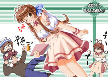 Rule 34 | 00s, 1boy, 3girls, antenna hair, brown eyes, brown hair, camera, clannad, furukawa akio, furukawa nagisa, furukawa sanae, heart, hiiragi tomoka, multiple girls, okazaki ushio, one eye closed, ribbon, waitress, wink