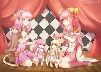 2girls alternate_color arch_bishop_(ragnarok_online) bell blush boots bow brown_cape cape character_doll closed_mouth commentary creator_(ragnarok_online) doll dress english_commentary feathered_wings full_body fur-trimmed_cape fur-trimmed_gloves fur_trim gloves hair_bell hair_bow hair_ornament head_wings high_wizard_(ragnarok_online) jingle_bell layered_dress long_hair marionette multiple_girls pink_boots pink_dress pink_eyes pink_gloves pink_hair puppet ragnarok_online red_bow sitting smile squaffle1 stage two-tone_dress white_dress wings