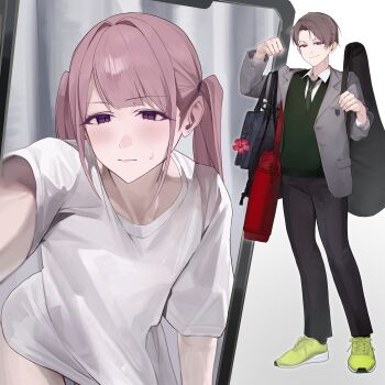 Rule 34 | 1boy, absurdres, bag, black pants, blush, brown hair, cellphone photo, closed mouth, collared shirt, commentary request, crossdressing, crossdressing (mtf), flower, green necktie, green sweater, grey jacket, guitar case, highres, instrument case, jacket, looking at viewer, male focus, necktie, original, pants, purple eyes, school bag, school uniform, selfie, shirt, shoes, short hair, shoulder bag, simple background, small sweatdrop, sneakers, sweater, trap, twintails, white background, white hair, white shirt, wig, yellow shoes, zurui ninjin