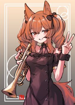 1girl ambience_synesthesia angelina_(ambience_synesthesia_2021)_(arknights) angelina_(arknights) animal_ears arknights black_bow black_choker black_dress black_wrist_cuffs blush_stickers border bow breasts choker commentary_request cowboy_shot dot_nose dress fox_ears fox_girl fox_tail gradient_background grey_background grin hair_bow highres holding holding_instrument holding_trumpet instrument medium_breasts off-shoulder_dress off_shoulder official_alternate_costume orange_eyes outside_border shima_(wideshi_ma) smile solo tail trumpet twintails v white_border wrist_cuffs