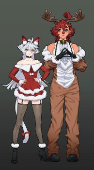 2girls animal_costume animal_ear_hairband animal_ears antlers baesong bare_shoulders bell black_choker black_gloves black_shoes black_thighhighs blue_eyes cat_ear_hairband cat_ears center_frills choker closed_mouth commentary_request cosplay dress fake_animal_ears fake_tail frills garter_straps gloves grey_background grey_eyes gundam gundam_suisei_no_majo hairband hands_on_own_hips high_heels highres horns korean_commentary long_hair miorine_rembran multiple_girls neck_bell off-shoulder_dress off_shoulder onesie parted_lips red_dress red_hair reindeer_antlers reindeer_costume rudolph_the_red_nosed_reindeer rudolph_the_red_nosed_reindeer_(cosplay) shirt shoes skindentation steepled_fingers suletta_mercury tail thick_eyebrows thighhighs white_hair white_shirt zettai_ryouiki