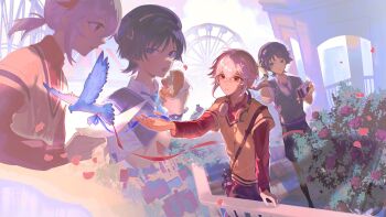 2boys absurdres bag bird camera commentary english_commentary ferris_wheel flower food genshin_impact headphones headphones_around_neck highres hishimisan holding holding_camera holding_food kaedehara_kazuha long_sleeves looking_at_another male_focus multiple_boys red_eyes ribbon scaramouche_(cat)_(genshin_impact) scaramouche_(genshin_impact) short_sleeves shorts shoulder_bag wanderer_(genshin_impact) wanderer_(mega_mgc_coffee)_(genshin_impact)