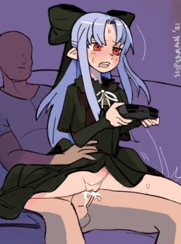 1boy 1girl 2021 artist_name black_bow black_dress blue_hair blush bow commission controller dress faceless faceless_male game_controller hair_bow hetero holding holding_controller holding_game_controller kagetsu_tooya len_(tsukihime) loli long_hair melty_blood multitasking neck_ribbon no_panties open_mouth penis pointy_ears pussy red_eyes reverse_cowgirl_position reverse_upright_straddle ribbon sex sex_from_behind sidelocks solo_focus sooperman spread_legs straddling sweat teeth testicles thighs tsukihime type-moon uncensored upper_teeth_only vaginal white_ribbon
