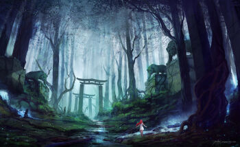 1girl bad_link bare_tree dress forest jjcanvas landscape moss multiple_torii nature original painterly plant_roots red_hair river rock scenery signature standing statue tiger torii tree white_dress