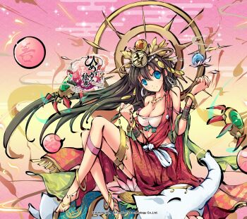 1girl animal anklet bandeau bangle bare_shoulders barefoot black_hair blue_eyes bracelet breasts cleavage clenched_hands closed_mouth commentary_request company_name copyright_logo copyright_name dress elephant full_body highres himegami_kagura jewelry lakshmi_(himegami_kagura) logo long_hair looking_at_viewer medium_breasts ms06s necklace official_art open_clothes open_dress red_dress sitting sitting_on_animal smile solo thighlet w_arms white_bandeau