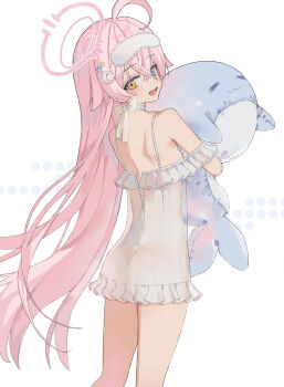 Rule 34 | 1girl, :d, absurdres, ahoge, alternate costume, ass, back, blue archive, blush, commentary request, cowboy shot, dress, from behind, halo, heterochromia, highres, hoshino (blue archive), hugging object, looking at viewer, looking back, nightgown, nyangpan, open mouth, pink hair, see-through clothes, see-through dress, see-through nightgown, simple background, sleep mask, sleepwear, smile, solo, standing, stuffed animal, stuffed toy, stuffed whale, white nightgown
