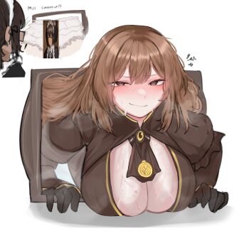 1girl @_@ absurdres bad_id bad_twitter_id blush breasts brown_eyes brown_gloves brown_hair brown_jacket catherine_(project_moon) censored cleavage embarrassed gloves highres jacket large_breasts limbus_company long_hair nelly_(project_moon) novelty_censor project_moon stuck sweat television through_medium through_screen xkittyzx