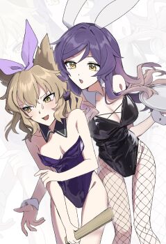 Rule 34 | 2girls, absurdres, alternate costume, animal ears, artist name, black leotard, blonde hair, breasts, cleavage, commentary request, detached collar, earmuffs, embarrassed, fishnet pantyhose, fishnets, gradient hair, highres, hijiri byakuren, holding, holding tray, large breasts, leotard, multicolored hair, multiple girls, open mouth, pantyhose, playboy bunny, pointy hair, purple hair, purple leotard, rabbit ears, ritual baton, smile, strapless, strapless leotard, sweatdrop, touhou, toyosatomimi no miko, tray, uehara suiyo, wrist cuffs, yellow eyes, zoom layer