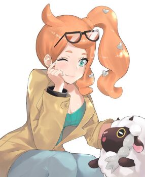 1girl aqua_eyes blush bracelet breasts closed_eyes closed_mouth coat colored_sclera dark_skin eyewear_on_head gen_8_pokemon hair_ornament heart heart_hair_ornament horns j@ck jewelry long_hair long_sleeves nail_polish nintendo orange_hair pants pokemon pokemon_(creature) pokemon_swsh sheep shirt side_ponytail simple_background smile sonia_(pokemon) sunglasses wooloo yellow_sclera