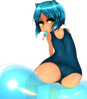 1girl absurdres aki_yuuto animal_ears aq_interactive arcana_heart ass atlus back bare_shoulders blob blue_hair blue_one-piece_swimsuit cat_ears daidouji_kira dark_skin examu from_behind from_below highres looking_at_viewer looking_back one-piece_swimsuit popsicle school_swimsuit short_hair sitting swimsuit yellow_eyes