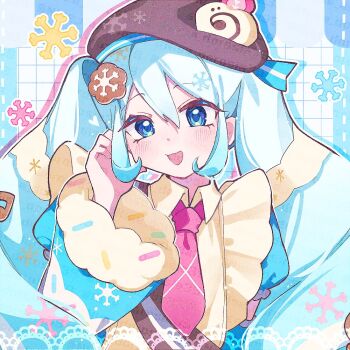 1girl apron aqua_eyes aqua_hair beret blush brown_hat commentary_request cookie_hair_ornament food-themed_hair_ornament fortissimo frilled_apron frills fruit_sandwich fur-trimmed_sleeves fur_trim hair_between_eyes hair_ornament hat hatsune_miku long_hair looking_at_viewer musical_note musical_note_hair_ornament necktie nise_dorothia official_alternate_costume official_alternate_hairstyle open_mouth pink_necktie puffy_short_sleeves puffy_sleeves short_sleeves smile solo twintails upper_body very_long_hair vocaloid white_apron yuki_miku yuki_miku_(2026)