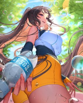 1girl absurdres ass black_gloves bottle brand_name_imitation breasts brown_hair bubble elbow_gloves from_below gloves gnxxe1 highres holding holding_bottle looking_down orange_gloves orange_shorts original pocari_sweat ponytail product_placement purple_eyes shorts two-tone_gloves water_bottle