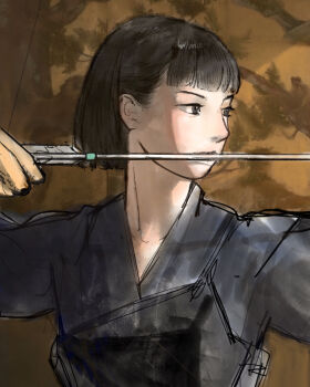 Rule 34 | 1girl, absurdres, aiming, arrow (projectile), black eyes, black hair, bow (weapon), commentary request, enhenduannna, folding screen, gloves, highres, hinoki-zu (kanou eitoku), holding, holding bow (weapon), holding weapon, inagaki nozomi, kanou eitoku, mixed-language commentary, muneate, original, partially fingerless gloves, partly fingerless gloves, procreate (medium), solo, weapon, yugake