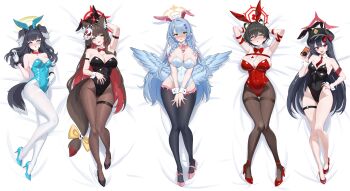 5girls absurdres animal_ear_fluff animal_ear_hairband animal_ears aqua_leotard aqua_shoes arm_strap arm_up armband armpits bare_shoulders bed_sheet black_hair black_hat black_leotard black_pantyhose black_shoes black_thighhighs blue_archive blue_eyes blue_hair blue_wings blush bow bowtie braid breasts bright_pupils camera cawl chiaki_(blue_archive) cleavage collarbone colored_inner_hair covered_navel demon_horns detached_collar dog_ears dog_girl dog_tail extra_ears fake_animal_ears fishnet_pantyhose fishnets fox_ears fox_girl fox_mask fox_tail full_body gloves green_eyes groin hair_between_eyes hairband halo hand_on_own_stomach hat hibiki_(blue_archive) high_heels highleg highleg_leotard highres holding holding_camera horns large_breasts leotard long_hair looking_at_viewer low_wings lying mask mask_on_head medium_breasts mine_(blue_archive) multicolored_hair multiple_girls necktie on_back open_mouth pantyhose pink_bow pink_bowtie pink_shoes playboy_bunny pointy_ears rabbit_ear_hairband rabbit_ears raccoon_ears red_armband red_bow red_bowtie red_eyes red_halo red_leotard red_necktie red_shoes shoes short_hair smile strapless strapless_leotard tail thigh_strap thighband_pantyhose thighhighs thighs tsubaki_(blue_archive) twin_braids v very_long_hair wakamo_(blue_archive) white_gloves white_leotard white_pantyhose white_pupils white_wrist_cuffs wings wrist_cuffs yellow_eyes yellow_halo