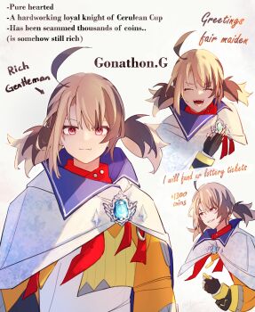 1girl absurdres ahoge arrow_(symbol) black_gloves blue_gemstone brooch brown_hair cloak closed_eyes closed_mouth coin commentary cropped_jacket earrings english_commentary english_text enigmatic_recollection facing_viewer fang fang_out fangs fingerless_gloves gem gigi_murin gigi_murin_(1st_costume) gloves gold_coin hair_between_eyes hand_on_own_chest highres hololive hololive_english jacket jewelry light_brown_hair long_sleeves looking_at_viewer multicolored_hair multiple_views open_mouth orange_jacket pink_hair short_hair smile stud_earrings teeth two-tone_hair two_side_up upper_body virtual_youtuber weiiyxn white_cloak