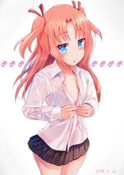 10s 1boy 1os 2018 :o arikawa_hime black_skirt blue_eyes blush crossdressing crossdressing_(mtf) dated flat_chest gradient_background grey_background hair_ribbon highres himegoto long_hair looking_at_viewer male_focus mars_symbol p_answer pink_hair plaid_clothes plaid_skirt red_ribbon ribbon shirt skirt solo standing trap two_side_up white_background white_shirt