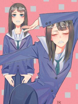 1girl arm_up artist_name asymmetrical_bangs black-framed_eyewear blazer blue_jacket blue_skirt breasts brown_hair closed_eyes commentary cowboy_shot dancing dress_shirt easy_breezy eizouken_ni_wa_te_wo_dasu_na! empty_eyes eyewear_on_head freckles frown fuyowzs glasses green_eyes green_necktie hands_on_own_thighs highres jacket jitome kanamori_sayaka long_hair long_skirt looking_at_viewer multiple_views necktie outstretched_arms over-rim_eyewear parted_lips pink_background pleated_skirt raised_eyebrows romaji_commentary sailor_collar school_uniform semi-rimless_eyewear shirt signature skirt small_breasts square standing teeth upturned_eyes white_sailor_collar white_shirt