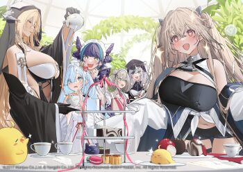 >_< +_+ 6+girls absurdres anchorage_(azur_lane) animal_ears aqua_eyes azur_lane bare_shoulders black_dress black_gloves black_hair black_shorts blonde_hair blue_eyes blue_hair breast_cutout breasts cake cake_slice cheshire_(azur_lane) cleavage cleavage_cutout clothing_cutout commentary_request crown cup decantering dress elbe_(azur_lane) fake_animal_ears food framed_breasts frilled_hairband frills from_side gloves grey_hair hair_between_eyes hair_bun hair_over_one_eye hairband half_gloves highres holding holding_saucer holding_teapot horns huge_breasts implacable_(azur_lane) indoors janus_(azur_lane) kaoruko_(unkrk55) large_breasts leaning_forward light_blue_hair light_brown_hair long_hair long_sleeves macaron maid_headdress manchester_(azur_lane) manjuu_(azur_lane) mini_crown multicolored_hair multiple_girls navel nun official_art open_mouth pink_ribbon purple_hair red_eyes revealing_clothes ribbon saucer scared shorts sleeves_past_fingers sleeves_past_wrists standing streaked_hair tea tea_party teacup teapot tiered_tray twintails two-tone_dress two-tone_hair veil very_long_hair white_dress white_horns wide_sleeves