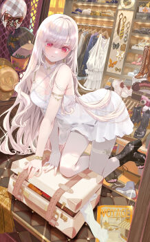 1girl black_boots blush boots bracelet breasts cleavage commentary curly_hair dress english_commentary frown full_body high_heel_boots high_heels highres ito_lab jewelry kneeling leaning_on_object long_hair looking_at_object original pantyhose red_eyes ring sleeveless sleeveless_dress small_breasts solo sweatdrop very_long_hair white_dress white_hair white_pantyhose