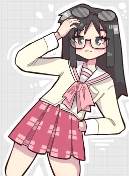 Rule 34 | black eyes, black hair, bow, bowtie, extra eyewear, eyewear on head, grid background, hand on own hip, highres, jacket, koruuu0, long hair, looking at viewer, minakami mai, nichijou, pink bow, pink bowtie, pink skirt, pleated skirt, sailor collar, school uniform, skirt, tokisadame school uniform, white sailor collar