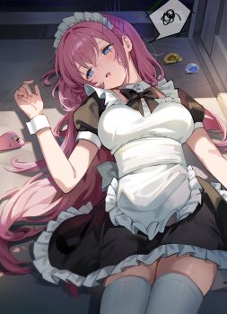 1girl absurdres apron black_dress blue_eyes blush bocchi_the_rock! breasts choppy_bangs cowboy_shot dress drooling exhausted frilled_apron frilled_dress frills gotoh_hitori gotoh_hitori_(tsuchinoko) hair_intakes hair_spread_out hand_up hashtag-only_commentary highres indoors large_breasts long_hair lying maid_apron maid_headdress mouth_drool no_hair_ornament on_back on_floor pink_hair raised_inner_eyebrows short_dress short_sleeves solo speech_bubble spoken_squiggle squiggle thighhighs very_long_hair white_apron white_thighhighs white_wrist_cuffs wrist_cuffs yoi_don zettai_ryouiki