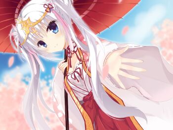 Rule 34 | 1girl, blue eyes, blue sky, blurry, blurry background, blush, breasts, cherry blossoms, chinese commentary, closed mouth, commentary request, cowboy shot, day, detached collar, dutch angle, eyes visible through hair, falling petals, gold tiara, hair between eyes, hakama, hakama skirt, hand up, highres, holding, holding umbrella, japanese clothes, kimono, long hair, long sleeves, looking at viewer, medium breasts, nontraditional miko, oil-paper umbrella, outdoors, outstretched arm, outstretched hand, petals, pink kimono, reaching, reaching towards viewer, red hakama, red umbrella, ribbon-trimmed sleeves, ribbon trim, senren banka, skirt, sky, smile, solo, split mouth, tassel, tiara, tomotake yoshino, twintails, two-tone kimono, umbrella, very long hair, white hair, white kimono, wide sleeves, xiaoyin sama