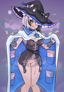 1girl animal_ears black_hair blue_gemstone bodypaint breasts cat_ears censored cloak enigmatic_recollection frilled_hat frills gem grey_hair grin hat heart heart-shaped_pupils heart_censor highres hololive hololive_english large_breasts long_hair looking_at_viewer moral_cacoethes multicolored_hair nipples painted_clothes shiori_novella smile solo symbol-shaped_pupils teeth two-tone_hair virtual_youtuber white_cloak witch_hat yellow_eyes