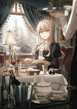 1girl alcohol blunt_bangs bottle bow bowtie bucket camera candle chair cup curtains eyelashes flower glass high-waist_skirt highres ice_bucket juliet_sleeves long_hair long_sleeves looking_at_another open_mouth original paper picture_frame plate puffy_sleeves reflection shirt sitting skirt tamitami tassel teacup teapot train train_interior tray waiter white_bow white_bowtie white_flower white_hair white_shirt window wine wine_bottle yellow_eyes