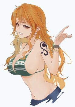 1girl 2025 arm_tattoo bangle bare_shoulders bikini bikini_top_only bracelet breasts brown_eyes cleavage cocked_eyebrow commentary_request earrings green_bikini hair_between_eyes highres jewelry large_breasts log_pose long_hair looking_at_viewer midriff nami_(one_piece) nami_(one_piece)_(return_to_sabaody) navel official_alternate_costume one_piece orange_hair pearl_earrings sideboob smile solo striped_bikini striped_clothes swimsuit tattoo teeth ui_1231 upper_body white_background wristband