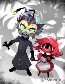 1girl 2boys :d ahoge alastor_(hazbin_hotel) anger_vein apron arms_at_sides bandana bandana_around_neck baxter_(hazbin_hotel) black_bandana black_boots black_coat black_gloves black_hair black_skin blue_sclera blush boots coat colored_sclera colored_skin commentary_request covering_own_mouth cyclops dress fewer_digits fins flipped_hair frilled_apron frills from_above full_body gloves goggles grin hair_slicked_back hand_up hazbin_hotel head_fins heart height_difference hellaverse high_heel_boots high_heels highres holding_hands long_sleeves looking_at_another maid_apron medium_dress menattou monocle multiple_boys niffty_(hazbin_hotel) one-eyed open_mouth puffy_short_sleeves puffy_sleeves red-framed_eyewear red_eyes red_hair red_sclera shadow sharp_teeth short_hair short_sleeves simple_background smile standing sweat teeth tinted_eyewear tongue twitter_username uneven_eyes upper_teeth_only v-shaped_eyebrows very_short_hair vignetting white_apron white_background white_dress white_skin yellow-tinted_eyewear yellow_eyes