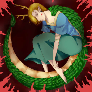 1girl antlers barefoot blonde_hair blood blood_on_face blue_shirt dragon_girl dragon_horns dragon_tail fur-tipped_tail green_scales green_skirt green_tail hashtag-only_commentary highres horns kicchou_yachie legs looking_at_viewer maccya-makki monster_girl pointy_ears red_eyes scales shirt short_hair simple_background skirt solo square_neckline tail touhou turtle_shell yellow_horns