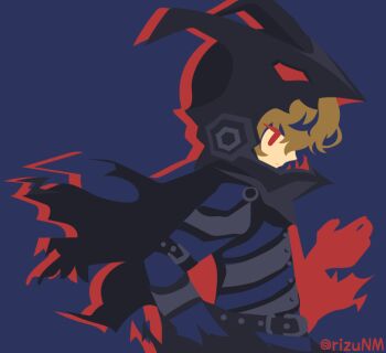 1boy akechi_gorou armor belt belt_buckle black_belt black_cape black_helmet black_mask_(persona_5) blue_background brown_hair buckle cape fake_horns from_side helmet horned_helmet horns long_sleeves looking_down male_focus persona persona_5 profile red_eyes rizu_(rizunm) simple_background solo studded_belt torn_cape torn_clothes twitter_username