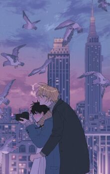2boys a_co_pi ash_lynx balcony banana_fish bird black_coat black_eyes black_hair blonde_hair blue_coat blue_eyes blush brown_sweater building camera closed_mouth coat green_sweater highres holding holding_camera hug hug_from_behind long_sleeves male_focus multiple_boys okumura_eiji short_hair skyscraper smile sunset sweater yaoi