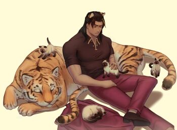 0rdired 1boy absurdres animal black_hair black_shirt cat collared_shirt colorpoint_(pattern) crossed_legs curtained_hair foot_out_of_frame full_body gold_trim hand_on_own_leg highres jacket lei_heng_(project_moon) limbus_company male_focus pants petting project_moon red_pants shirt siamese_cat single_hair_streak sitting sleeping tail tiger tiger_boy tiger_tail tight_clothes tight_shirt unworn_jacket