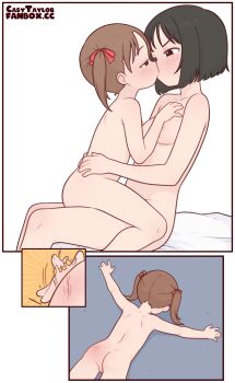 2girls absurdres age_difference black_eyes black_hair breasts brown_hair casytay completely_nude flat_chest highres ichigo_mashimaro itou_nobue kiss kodomo_doushi loli matsuoka_miu multiple_girls nude onee-loli pussy short_hair sitting sitting_on_person small_breasts spanked straddling twintails upright_straddle yuri