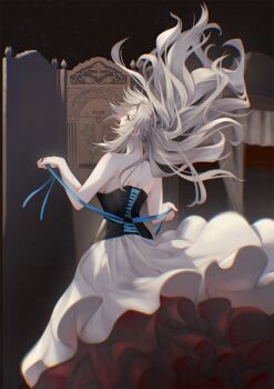 Rule 34 | 1girl, back, bare shoulders, black corset, breasts, corset, fate/grand order, fate (series), floating hair, grey eyes, kriemhild (fate), large breasts, long hair, long skirt, nakaga eri, skirt, solo, white hair, white skirt