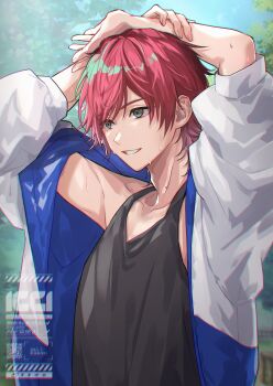 1boy absurdres alternate_costume arms_up black_tank_top green_eyes hair_between_eyes hand_on_own_arm highres icci_1 jacket lauren_iroas looking_ahead male_focus multicolored_jacket nijisanji open_clothes open_jacket outdoors red_hair smile solo sweat tank_top two-tone_jacket upper_body virtual_youtuber
