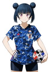 Rule 34 | 1girl, adidas, alternate hairstyle, ball, barkhorn0331, black shorts, blue hair, blue shirt, blunt bangs, closed mouth, collarbone, double bun, facial tattoo, hair bun, hand on own hip, highres, holding, holding ball, japanese flag, looking at viewer, love live!, love live! sunshine!!, patterned clothing, purple eyes, shirt, short sleeves, shorts, sidelocks, soccer ball, soccer uniform, solo, sportswear, standing, tattoo, tsushima yoshiko, twintails, upper body, v-shaped eyebrows, white background
