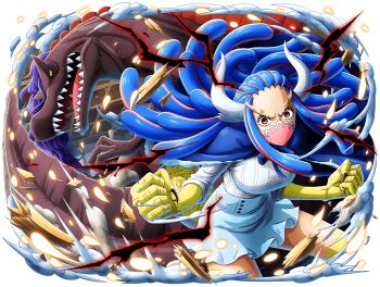 Rule 34 | 1boy, 1girl, angry, bare legs, between breasts, blue cape, blue hair, blue skirt, bodskih, breasts, cape, claws, clenched hands, dinosaur boy, dinosaur girl, floating hair, haki (one piece), horns, injury, large breasts, looking at viewer, mask, miniskirt, mouth mask, non-web source, official art, one piece, one piece treasure cruise, page one (one piece), purple hair, serious, sharp teeth, shiny skin, skirt, tail, teeth, transparent background, ulti (one piece), wide hips