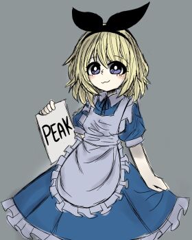 1girl :3 alice_(black_souls) apron black_ribbon black_souls black_souls_2 blonde_hair blue_dress blue_eyes blush_stickers bright_pupils closed_mouth dress frilled_apron frills grey_background hair_ribbon holding holding_paper looking_at_viewer paper pipo_(pipochipzz) ribbon simple_background smile solo white_apron white_pupils
