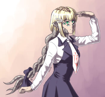 1girl black_dress black_ribbon blonde_hair braid cacodemon closed_mouth collared_shirt commentary commentary_request dated demon_girl doom_(series) doom_3 dress english_commentary extra_eyes fingernails gradient_background green_eyes hair_ornament hair_ribbon hairclip hand_up long_hair long_sleeves looking_at_viewer necktie personification pointy_ears print_necktie ribbon scales shading_eyes shirt short_hair signature simple_background smile solo substance20 tentacle_hair trident_print upper_body very_long_hair white_necktie white_shirt