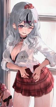 1girl adjusting_skirt awaken_fuuta black_bra black_choker black_hair black_nails blush bra bra_visible_through_clothes breasts cardigan choker cleavage collarbone commentary_request ear_piercing fingernails grey_hair hair_ornament hairclip heart_collar highres hololive large_breasts laundry long_sleeves looking_down medium_hair multicolored_hair mushroom mushroom_on_head nail_polish o-ring o-ring_choker octopus_hair_ornament official_alternate_costume one_eye_closed open_mouth piercing pink_cardigan pink_nails plaid_clothes plaid_skirt pocket red_skirt sakamata_chloe sakamata_chloe_(gyarumata) shirt skirt smile solo spiked_ear_piercing streaked_hair thighs underwear unworn_cardigan unworn_hair_ornament unworn_hairclip virtual_youtuber wet white_shirt